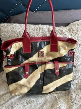 Dooney & Bourke Black and Cream Diagonal Stripe Tote with Red Trim